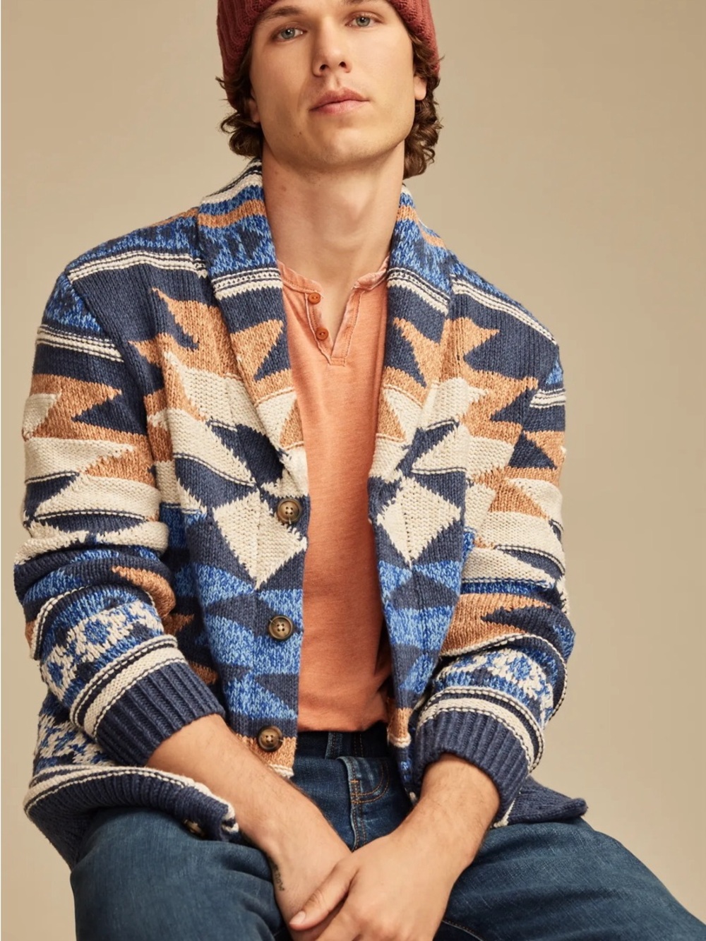 Lucky Brand Southwestern Men's Shawl Collar Knit Sweater Blue/Cream/Brown Size M